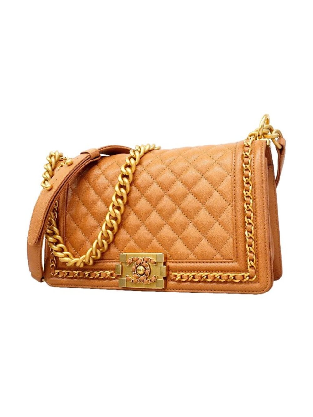 Chanel Shoulder Bag Boy Caviar Leather Brown Gold